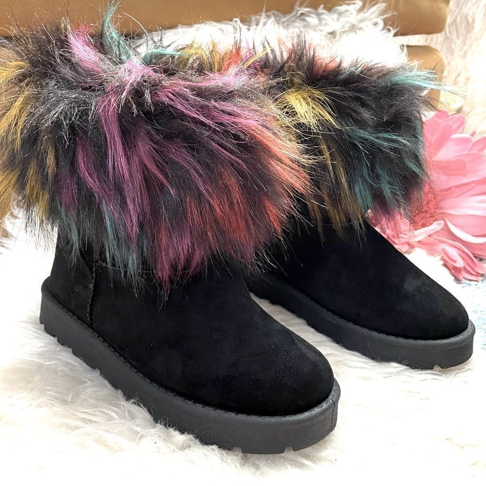 ROUGE HELIUM Colorful Faux Fur Black Suede Ankle Boots 7
